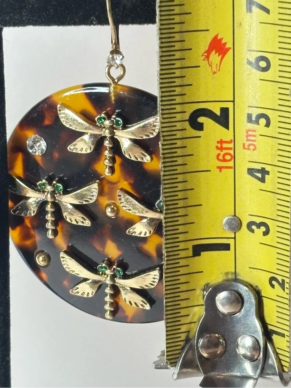 Betsey Johnson Brown Black Resin Dragonfly Disc Drop Earrings Gold Tone